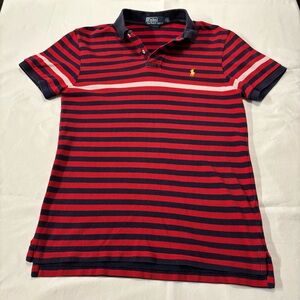 Vintage Ralph Lauren Men's Red and Navy Striped Polo Shirt